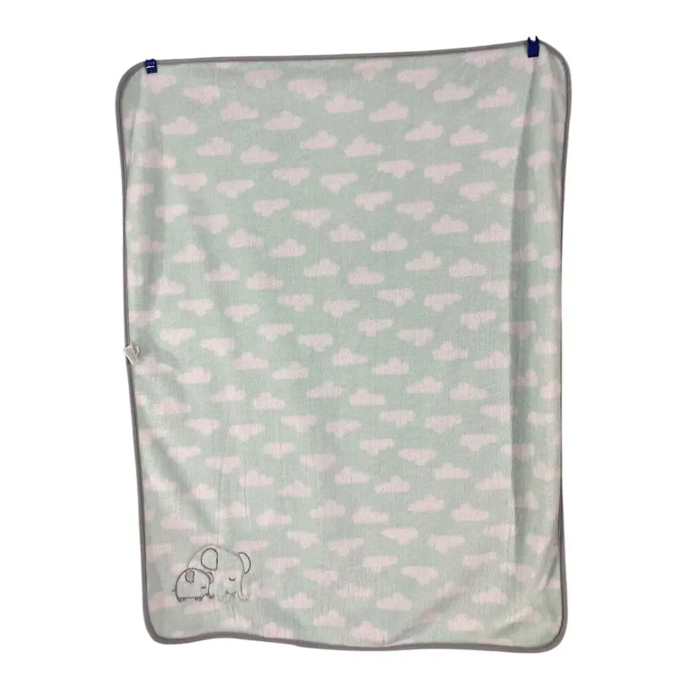Cloud Island Elephant Baby Blanket Green Grey Trim Clouds Plush Lovey Mom Baby